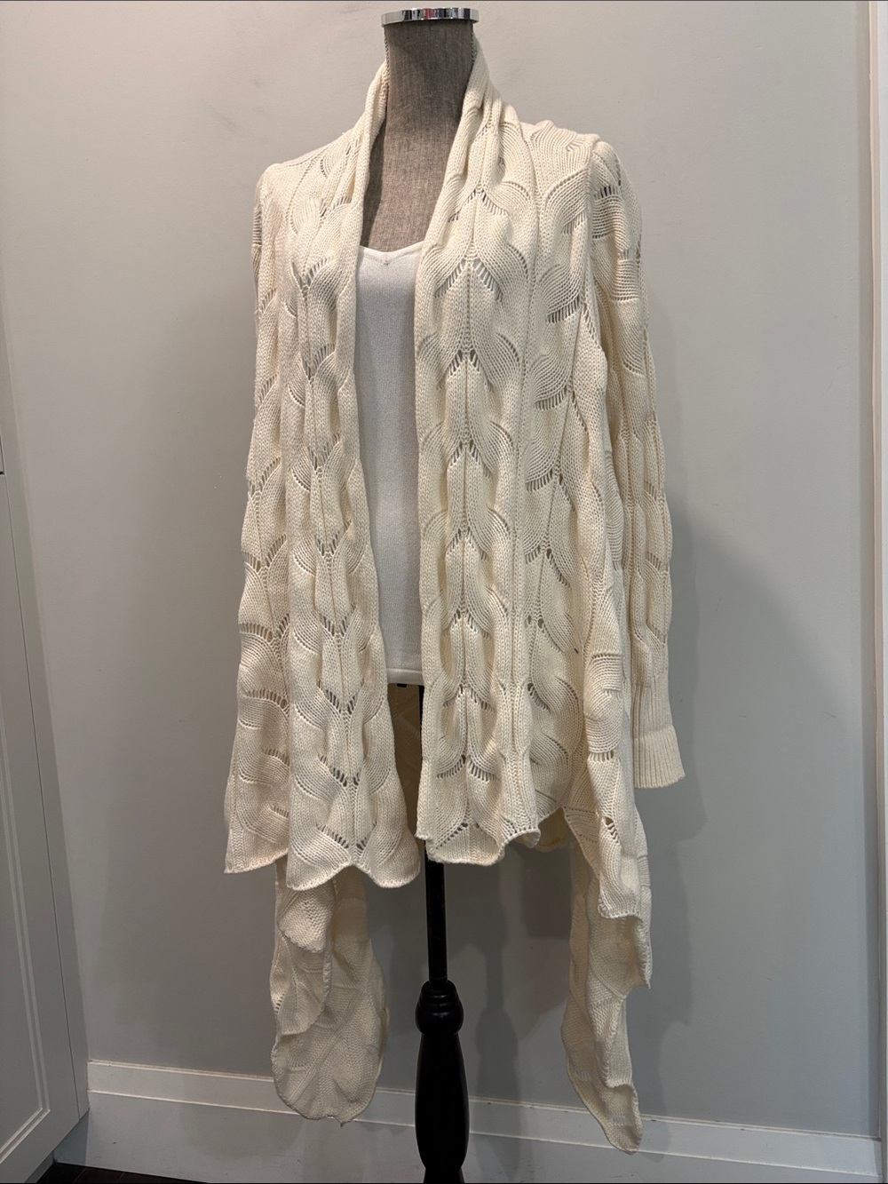 Monari Cream Merino Wool Cashmere Cable Knit Draped Cardigan L/XL Italy - Picture 2 of 15